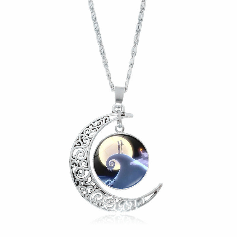 Christmas Night Time Gem Moon Pendant Necklace