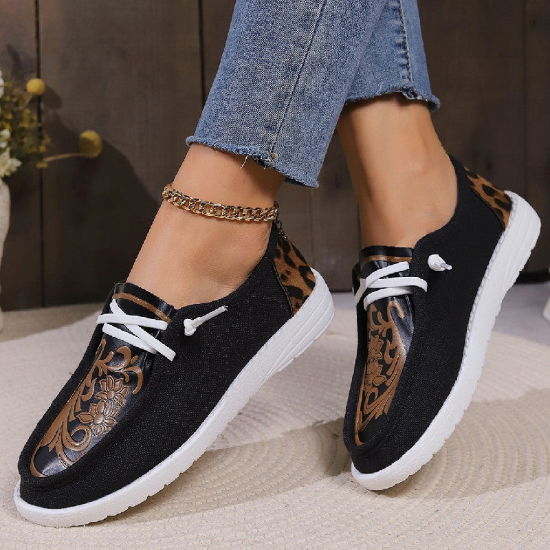 New Round Toe Flower Printed Canvas Flats Shoes Winter Casual Warm Plus Velvet Women's Plush Shoes