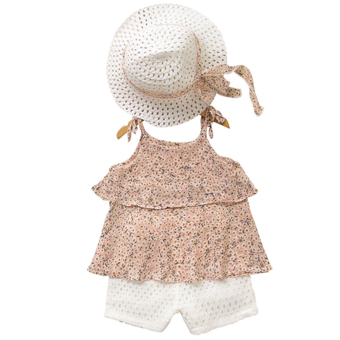 Summer Girls Cake Fragmented Chiffon Suspended Shirt and Cut Out Shorts Gift Straw Hat Three Piece Westernized Suit Pants