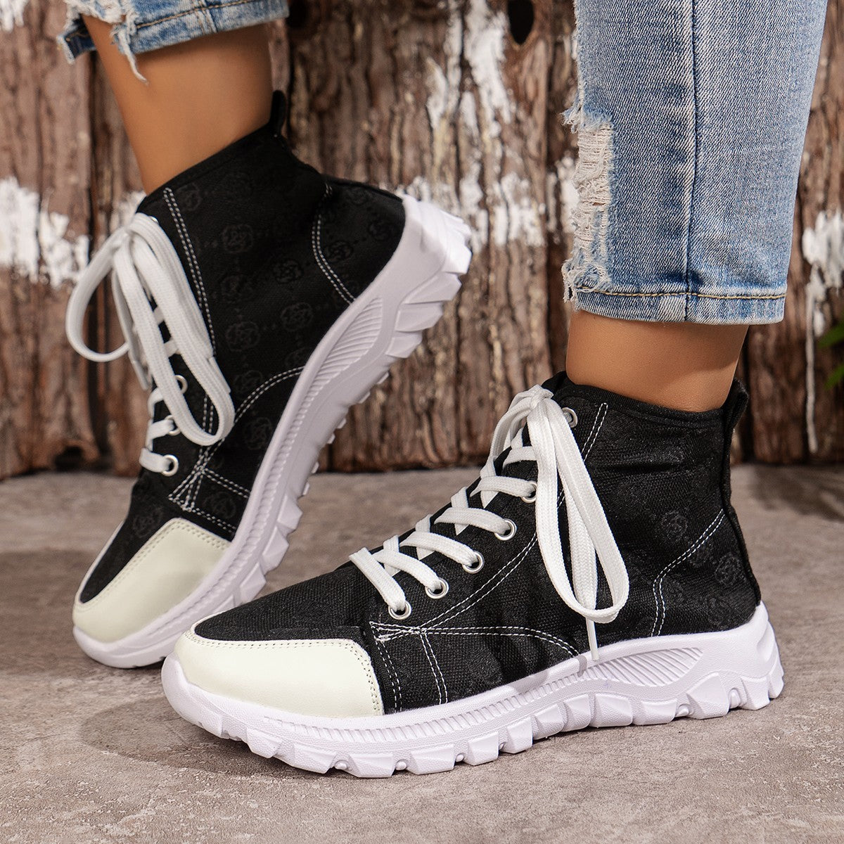 Rose-printed Lace-up Boots Fashion Breathable Canvas Shoes Sports Casual Non-slip Thick-soled Short Boot For Women