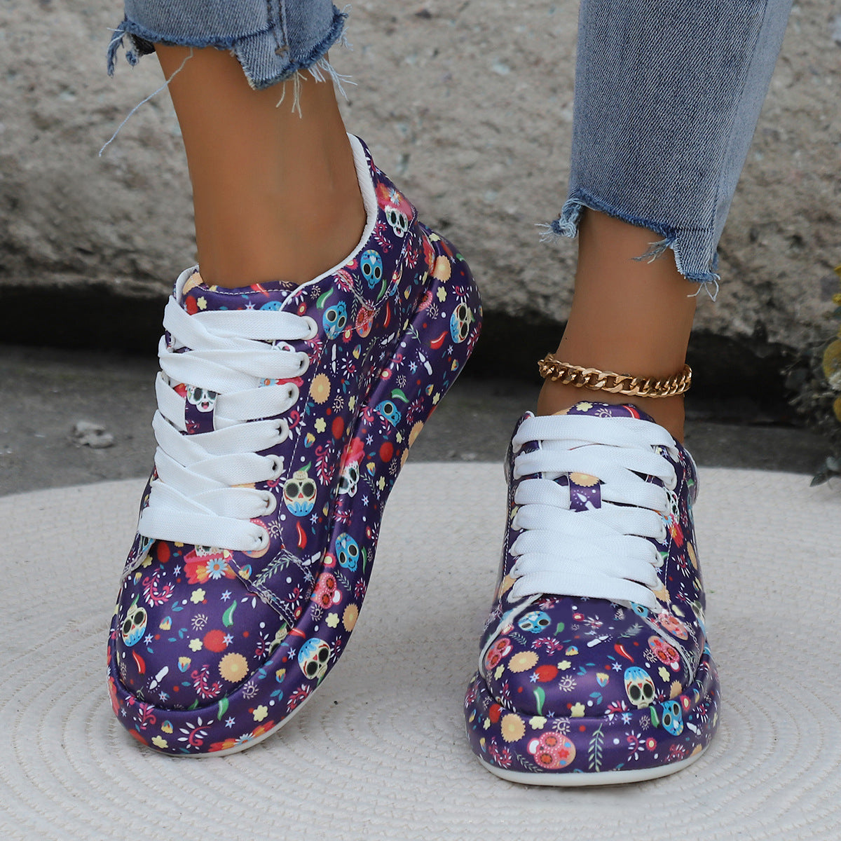 Halloween Cartoon Print Flats Fashion Graffiti Flats Shoes Platform Lace-up Round Toe Sports Shoes