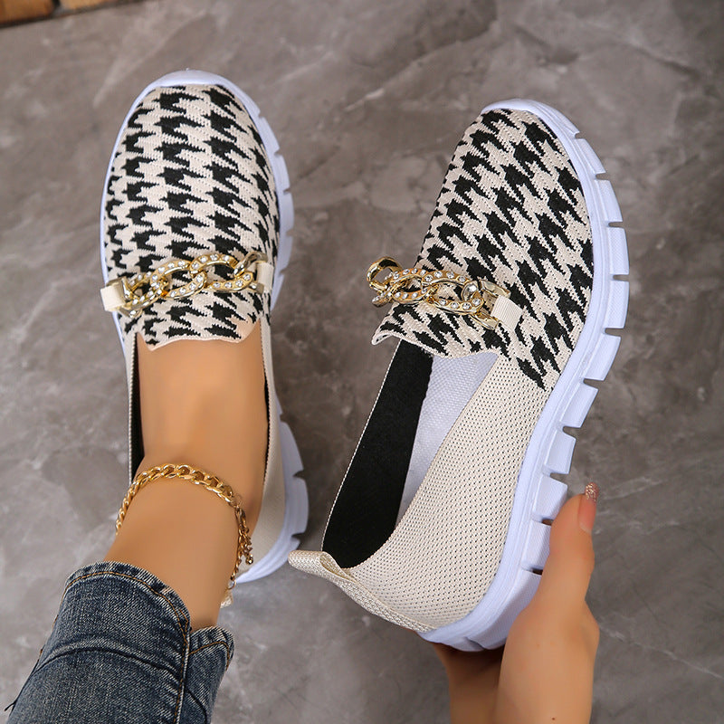 Casual Houndstooth Print Chain Mesh Shoes Summer Walking Sports Flat Shoes Women Breathable Loafers