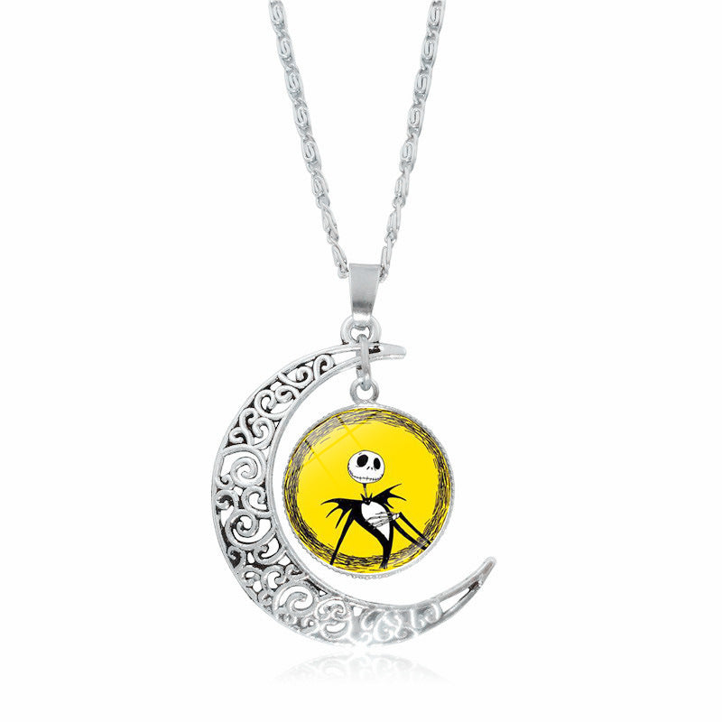 Christmas Night Time Gem Moon Pendant Necklace