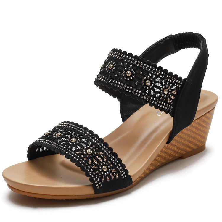 Flower Hollow Out Sandals With Rhinestones Wedges Shoes Women