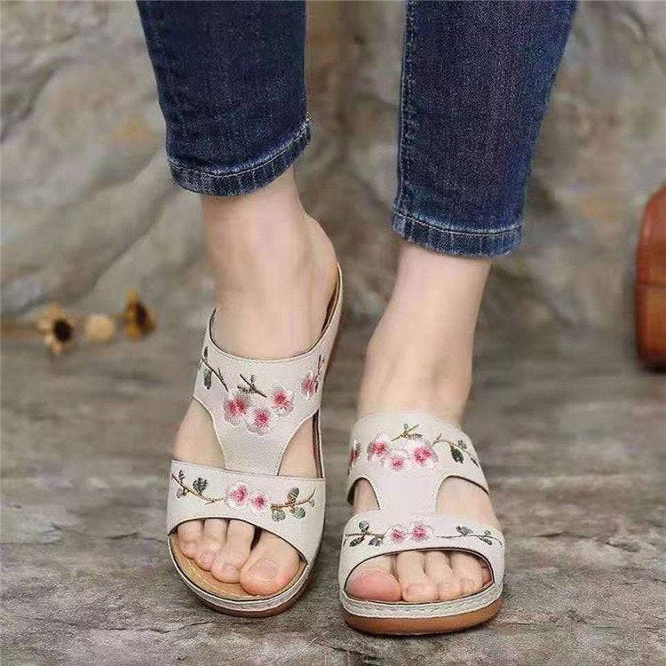 Wedge Platform Sandals Embroidered Floral Slippers