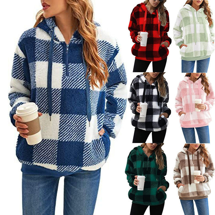 Fashion Plaid Hooded Sweatshirt With Pockets Casual Zipper Plush Tops For Womens Clothing