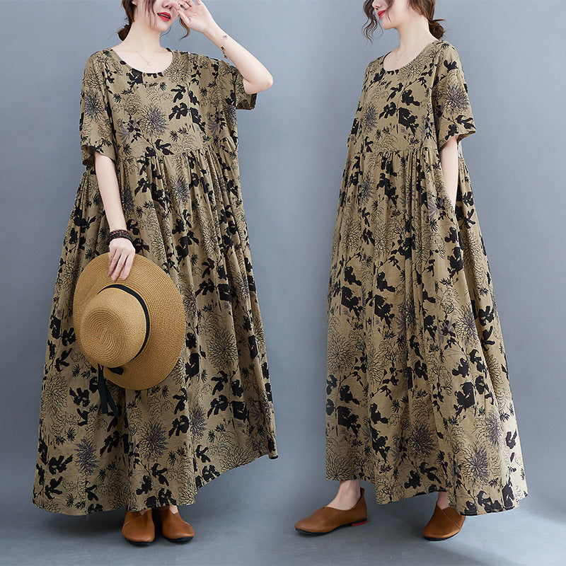 Artistic Large Size Loose Cotton And Linen Printed Short-sleeved Dress Women's Clothing