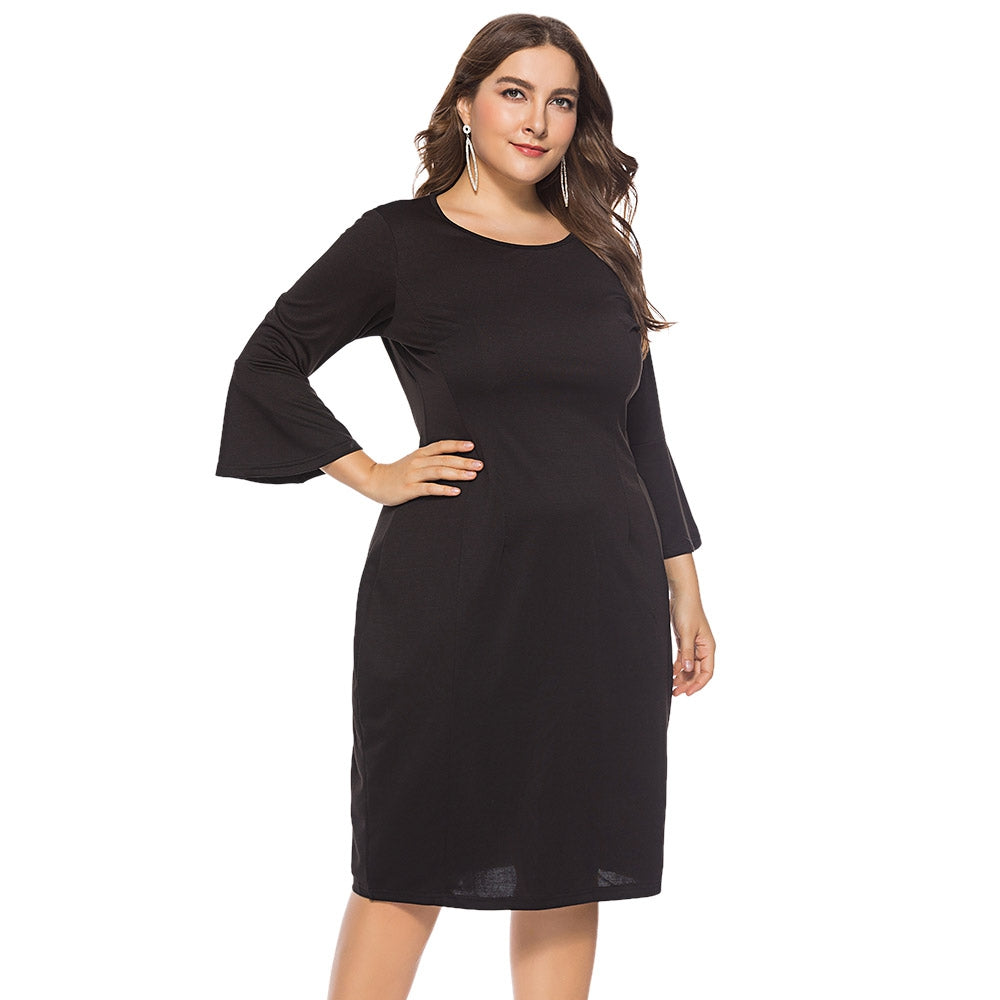 Round Collar 3/4 Bell Sleeve Bodycon Solid Color Plus Size Women Dress