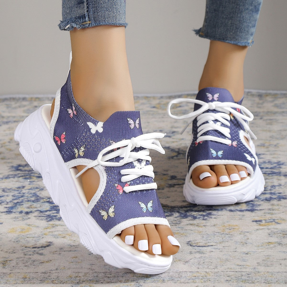 Print Lace-up Sports Sandals Summer Peep Toe Casual Mesh Shoes