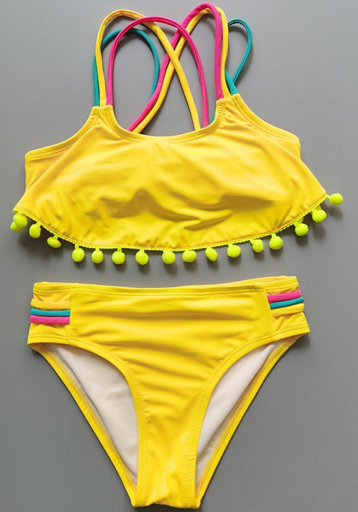 New Yellow Fur Ball Split Swimsuit Big Girl Children's Swimsuit