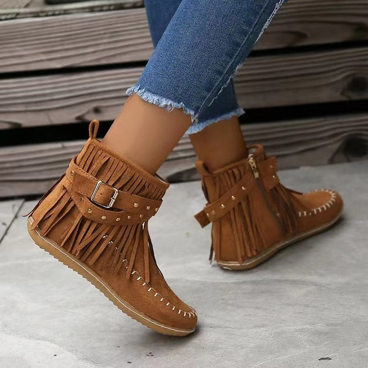 Retro Ankle Boots With Rivet Tassel Flat Shoes Women Winter Boots