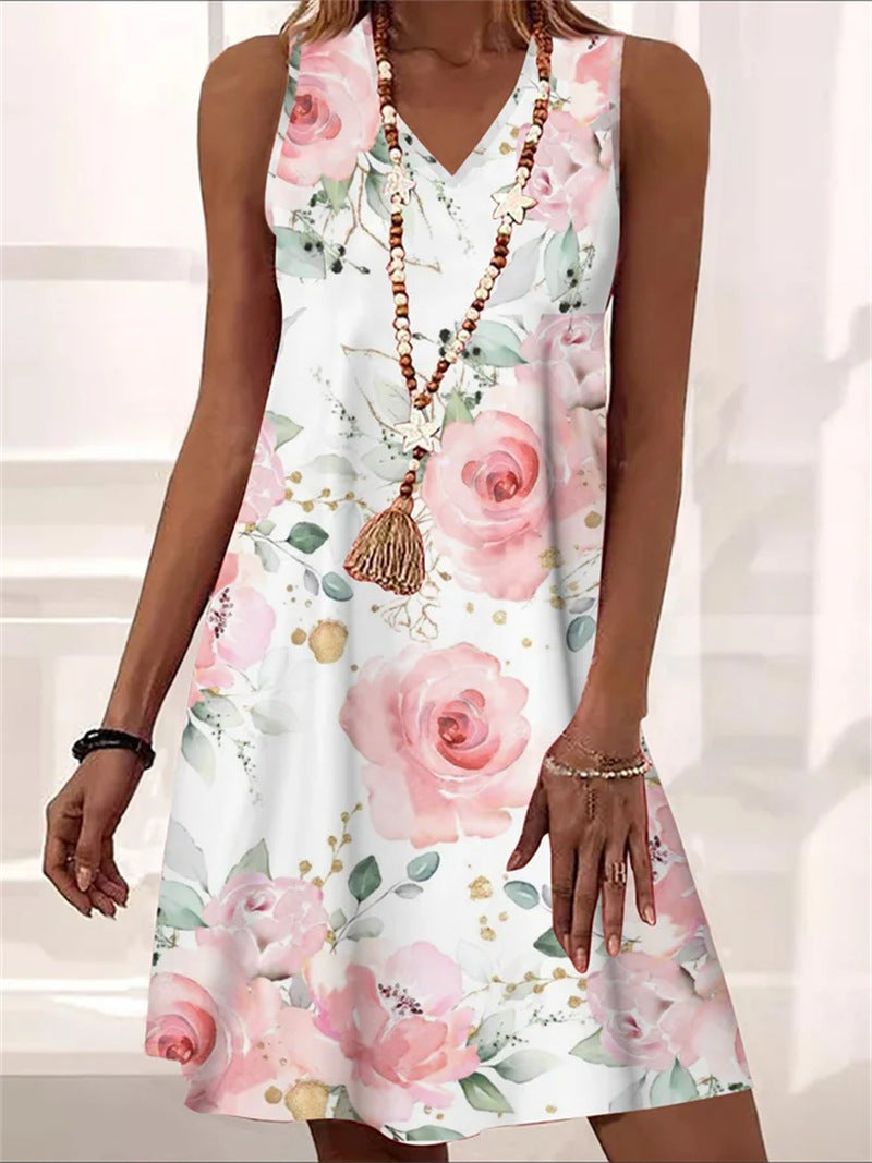 Flowers Printed Dress Summer V-neck Sleeveless Beach Dress For Women