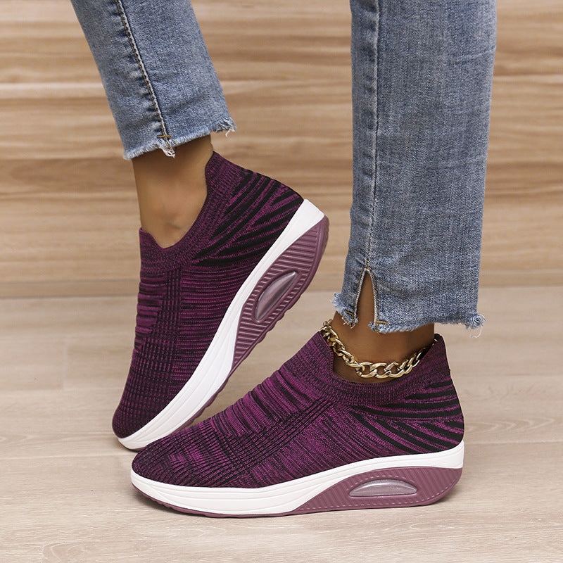 New Stripe Design Mesh Shoes Fashion Slip On Air Cushion Shoes Breathable Round-toe Flats Women