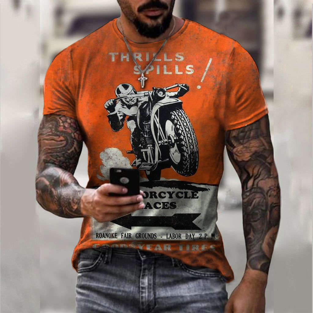 Summer Short Sleeve T-Shirt Casual 3D Motorcycle Printing Loose Pullover Men's Shirt