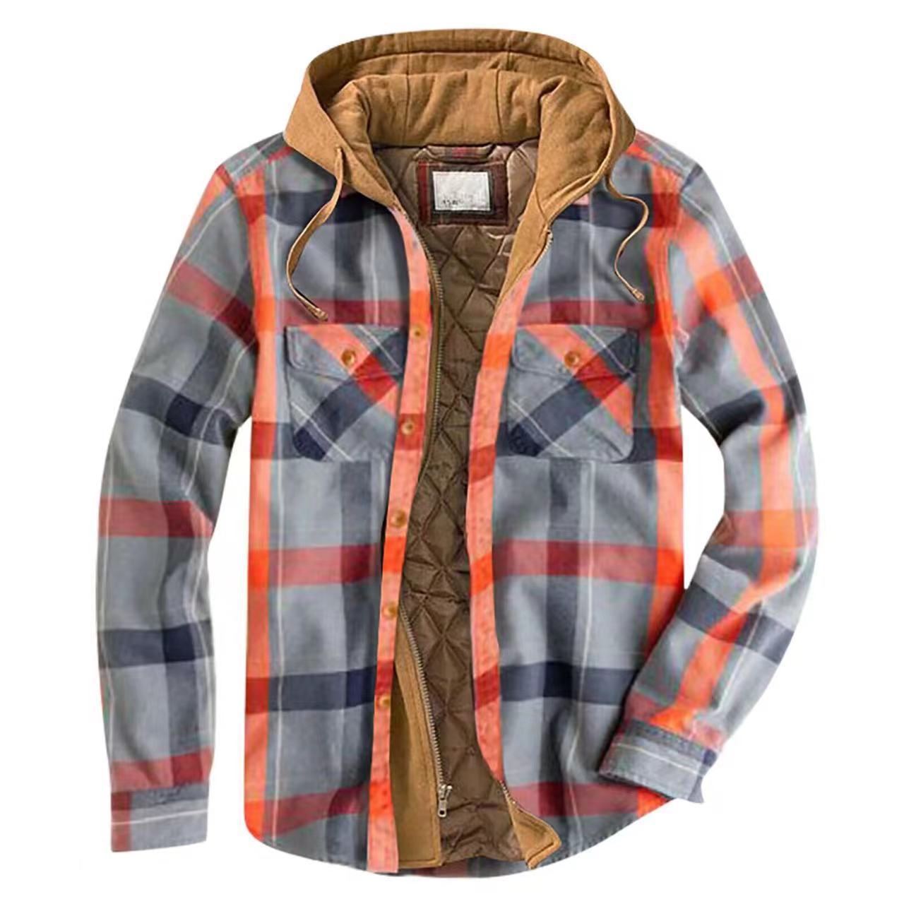 Men's Cotton-padded Clothes Plaid Striped Loose-fitting Hoodie Long Sleeve Coat