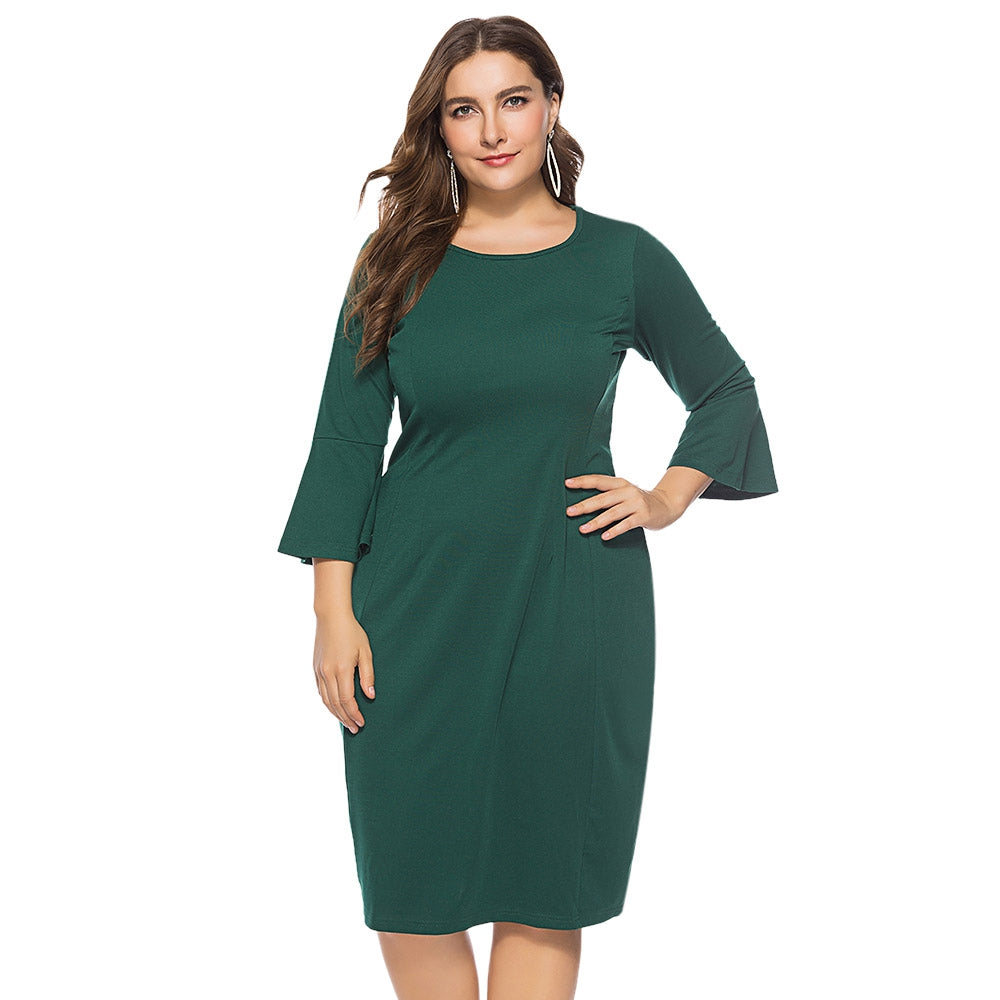 Round Collar 3/4 Bell Sleeve Bodycon Solid Color Plus Size Women Dress