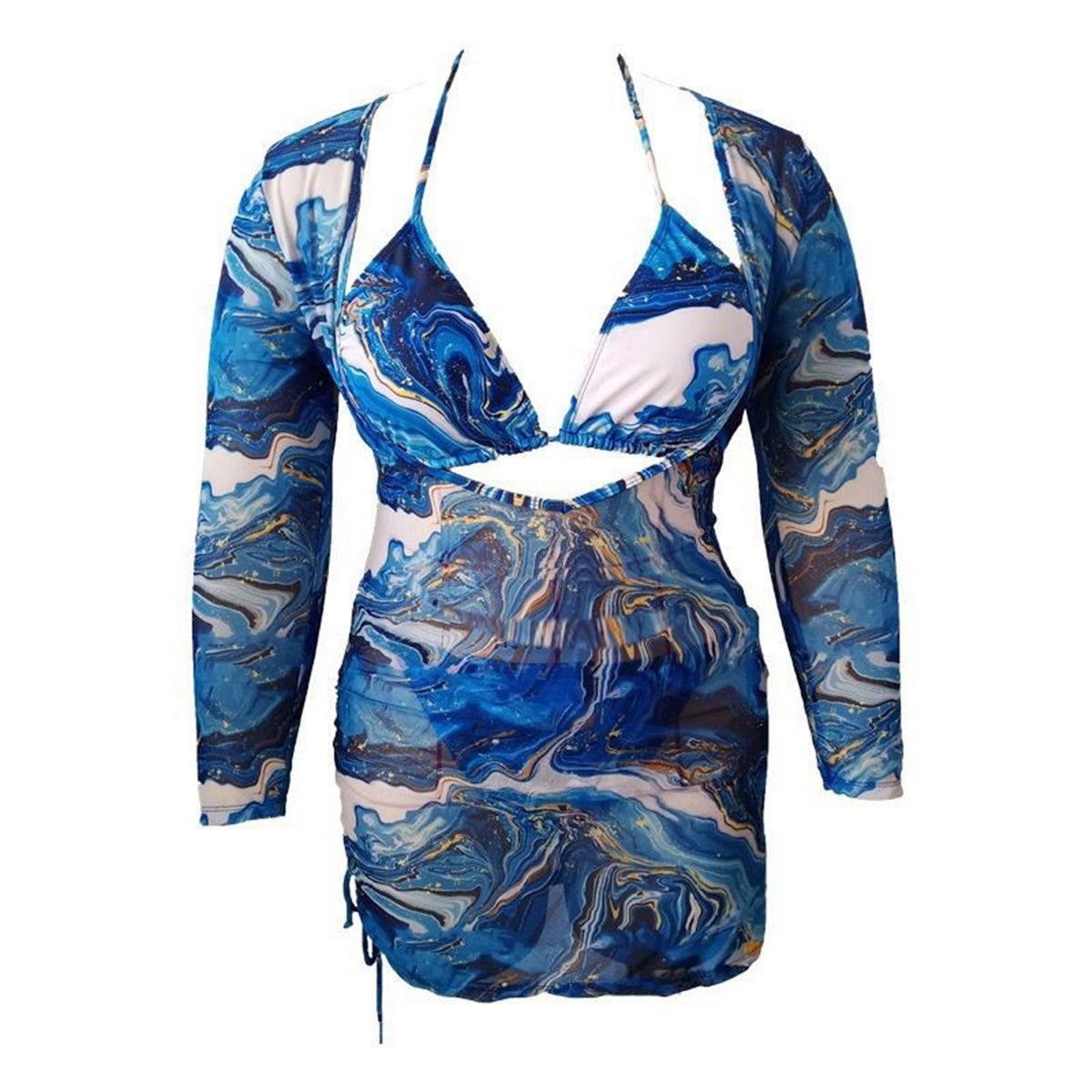 New Three Piece Bikini Digital Printing Long Sleeve Sunscreen Mesh Blouse Plus Size Swimsuit