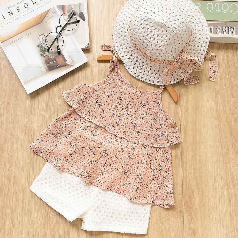 Summer Girls Cake Fragmented Chiffon Suspended Shirt and Cut Out Shorts Gift Straw Hat Three Piece Westernized Suit Pants