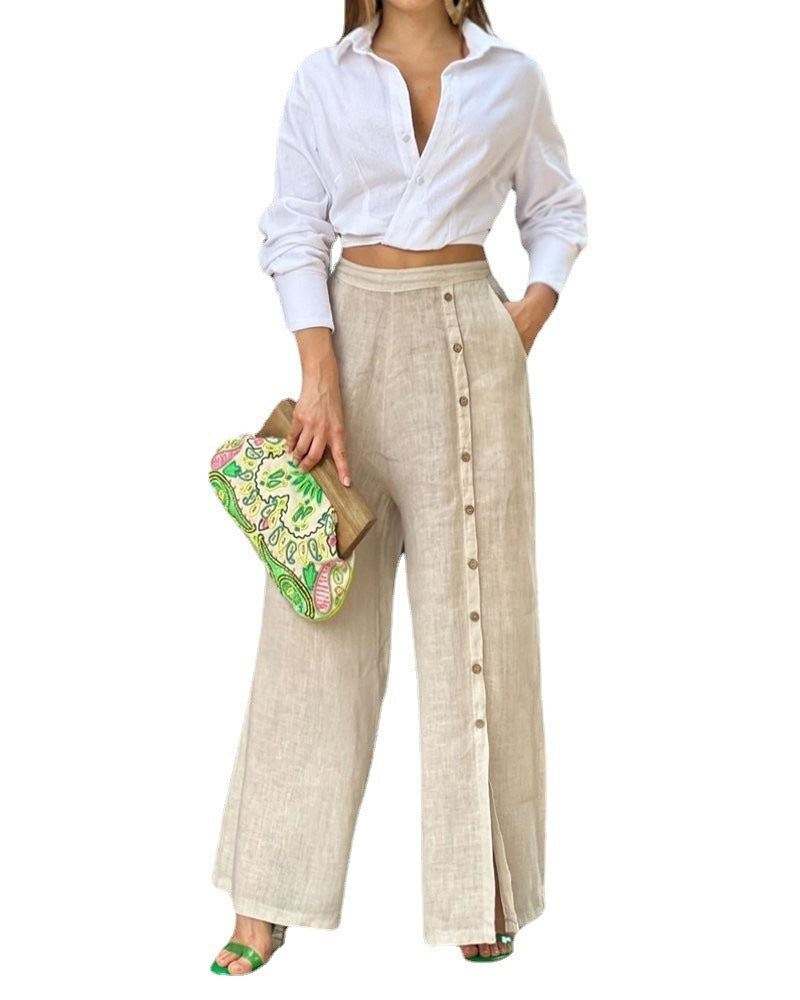 Womens Fashion Casual Solid Color Lapel Shirt Loose Pants Two Piece Set