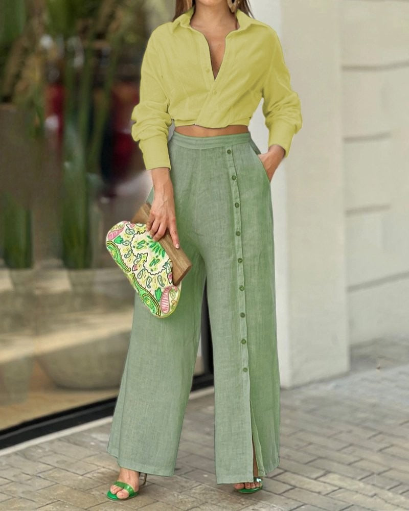 Womens Fashion Casual Solid Color Lapel Shirt Loose Pants Two Piece Set