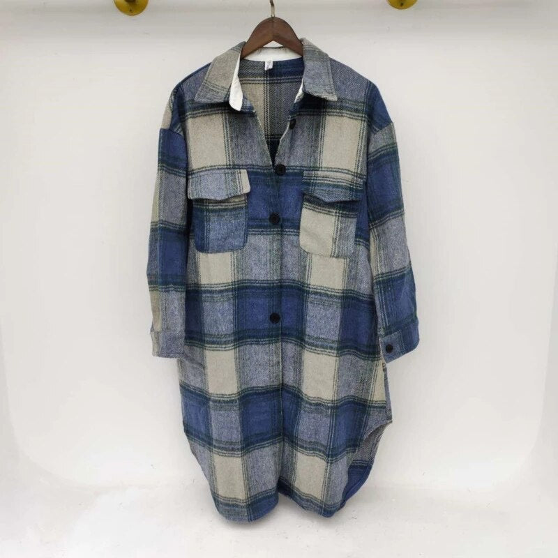 [EWQ]Plaid Single Tops Korean Outerwear Female Overcoat Fashion Spring Winter Women Loose Long Woolen Coats Kaschmir Mantel