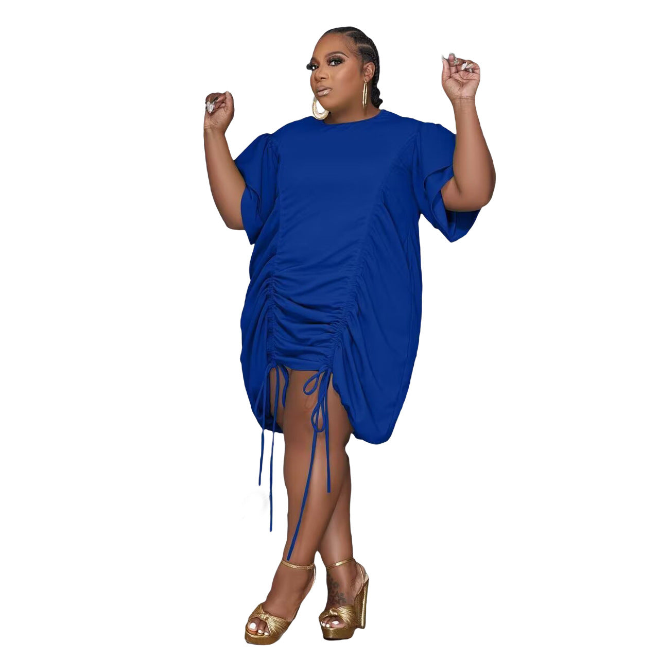 Women's Clothing Large Size Fat Woman Double Sleeve Drawstring Dress