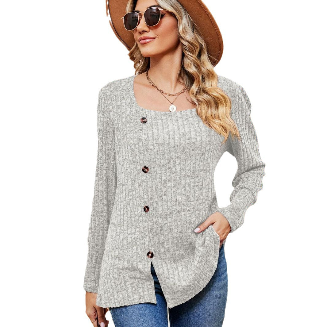 Women's Fashion Casual Loose Square Collar Button Long Sleeve Top