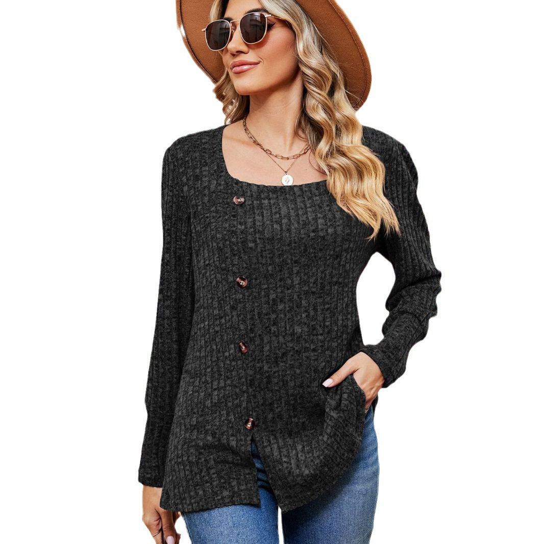 Women's Fashion Casual Loose Square Collar Button Long Sleeve Top