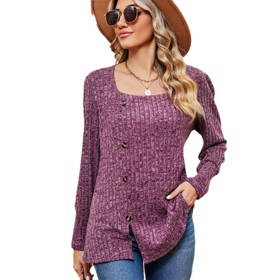 Women's Fashion Casual Loose Square Collar Button Long Sleeve Top