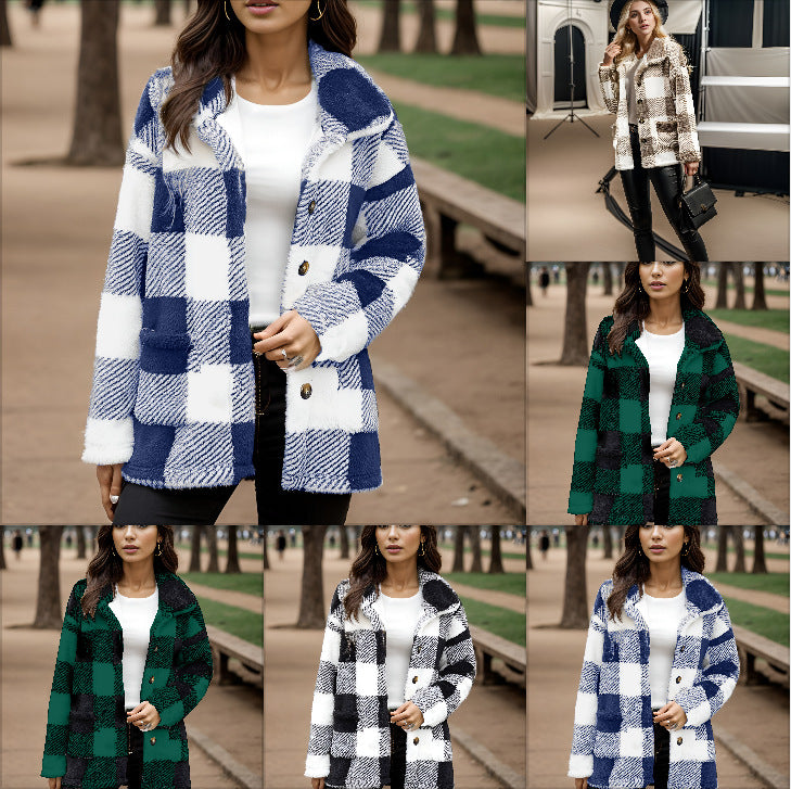 Women's Long Sleeve Plaid Button Loose Jacket With Pockets