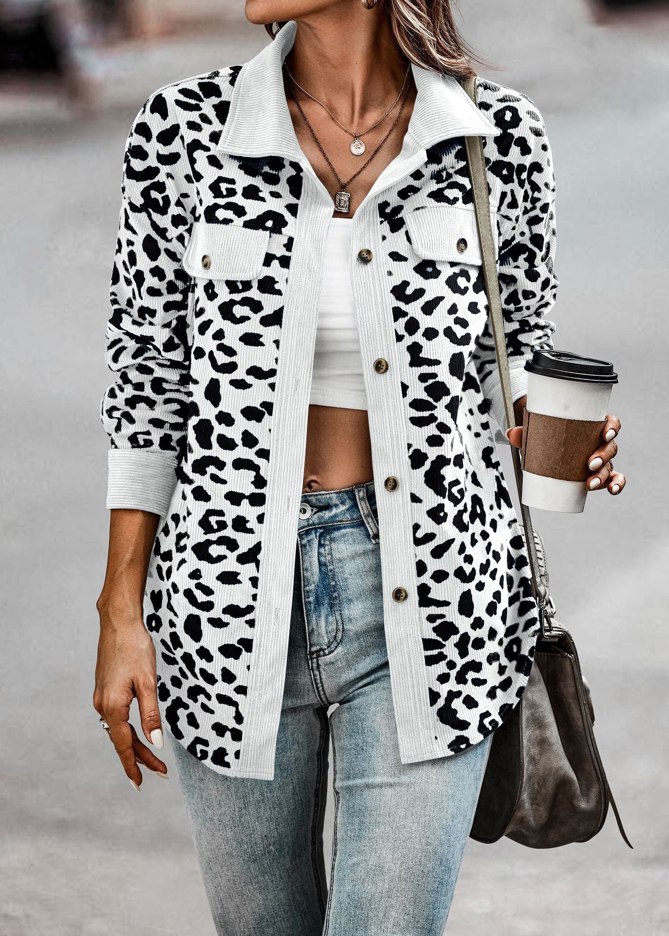 Leopard Print Shirt Coat Fashion Button Long Sleeve Jacket Women