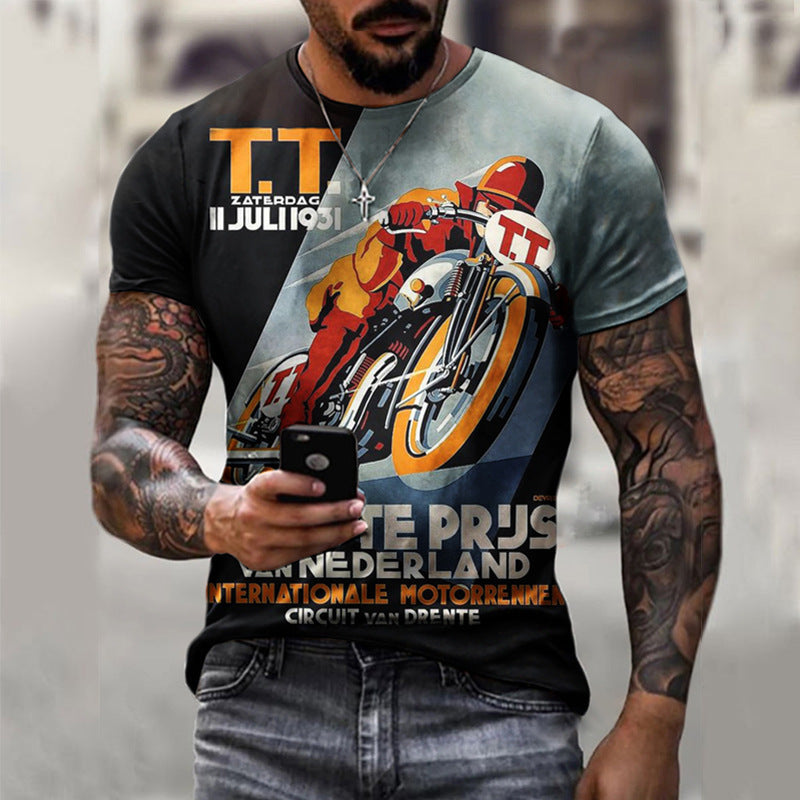 Summer Short Sleeve T-Shirt Casual 3D Motorcycle Printing Loose Pullover Men's Shirt