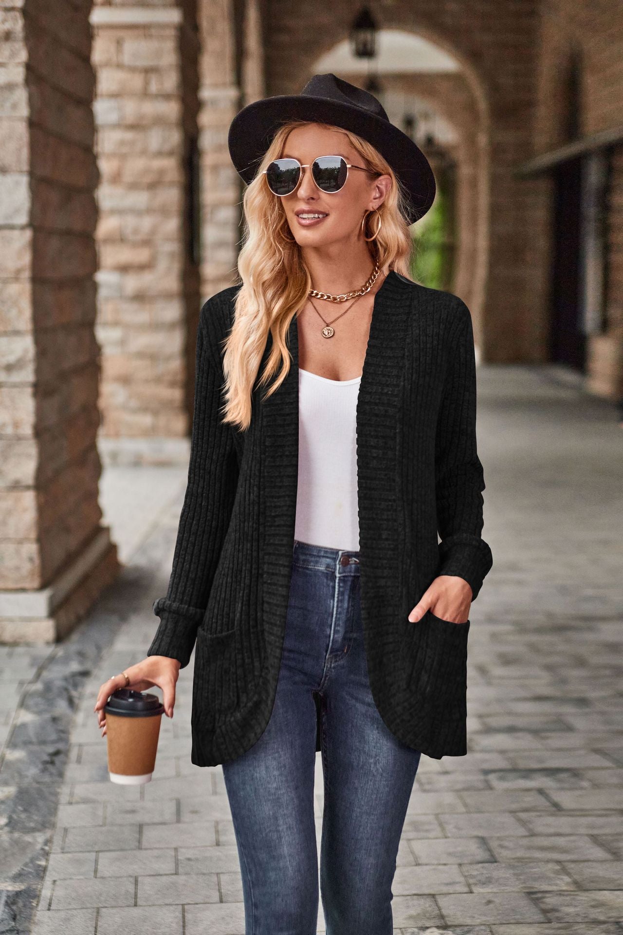 Autumn Solid Color Sunken Stripe Brushed Stitching Long Sleeve Cardigan Jacket