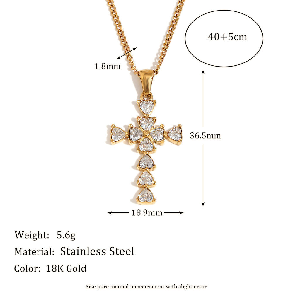 Stainless Steel 18K Gold Plated Water Drop Heart-shaped Cross Pendant Necklace