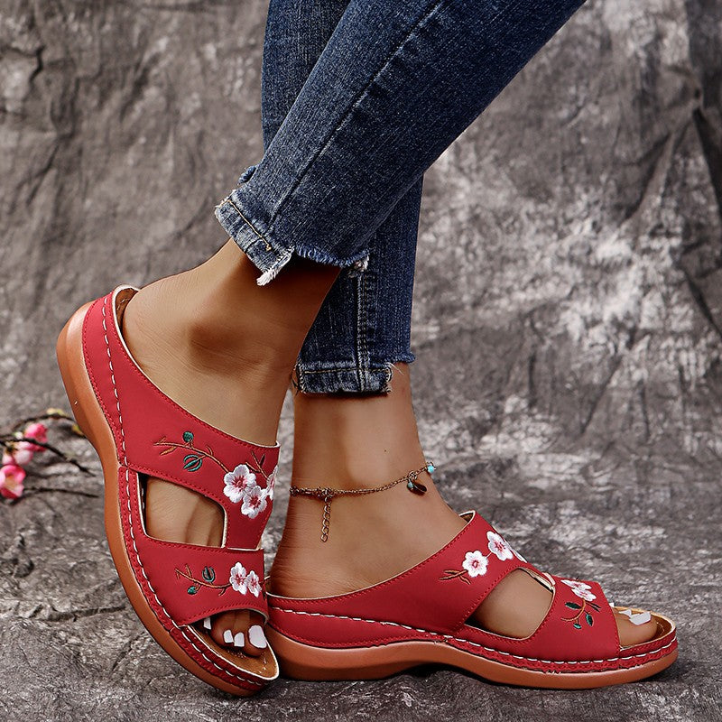 Wedge Platform Sandals Embroidered Floral Slippers