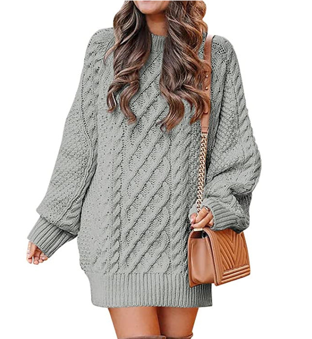 Women's Round Neck Long Sleeve Twisted Knitted Mid-length Dress Sweater