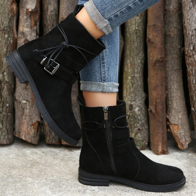 Round Toe Buckle Shoes Casual Retro Boots With Side Zipper Low Heel Outdoor Non Slip Ankle Boots For Women