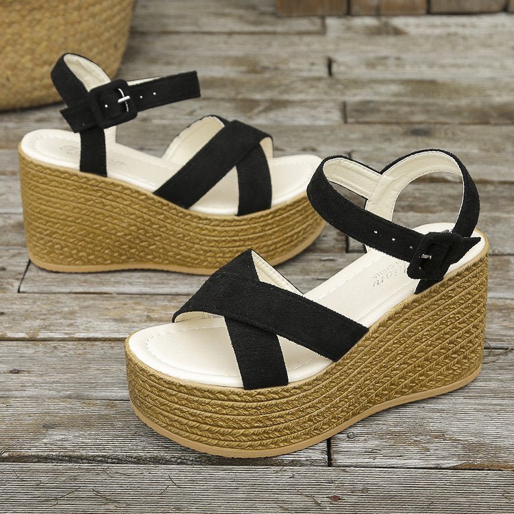 Wedge Sandals For Women Summer Casual Non-slip Cross-strap Platform Shoes With Hemp Heels Shoes