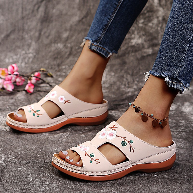 Wedge Platform Sandals Embroidered Floral Slippers