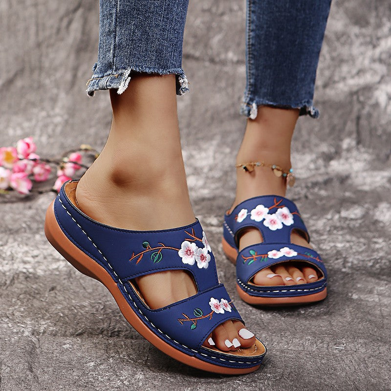 Wedge Platform Sandals Embroidered Floral Slippers