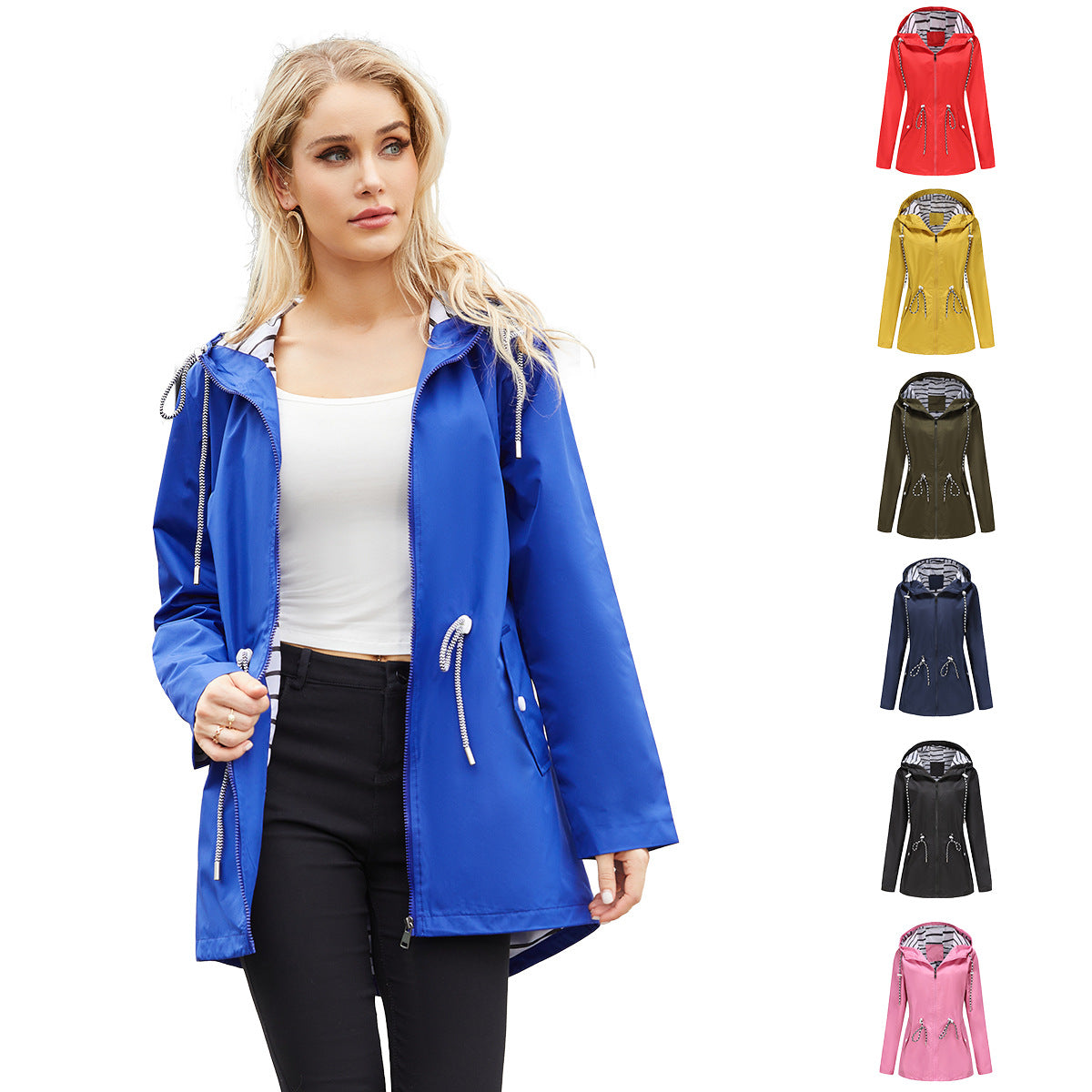 Long Sleeved Splashproof Mid Length Windbreaker For Women's Hooded Raincoat