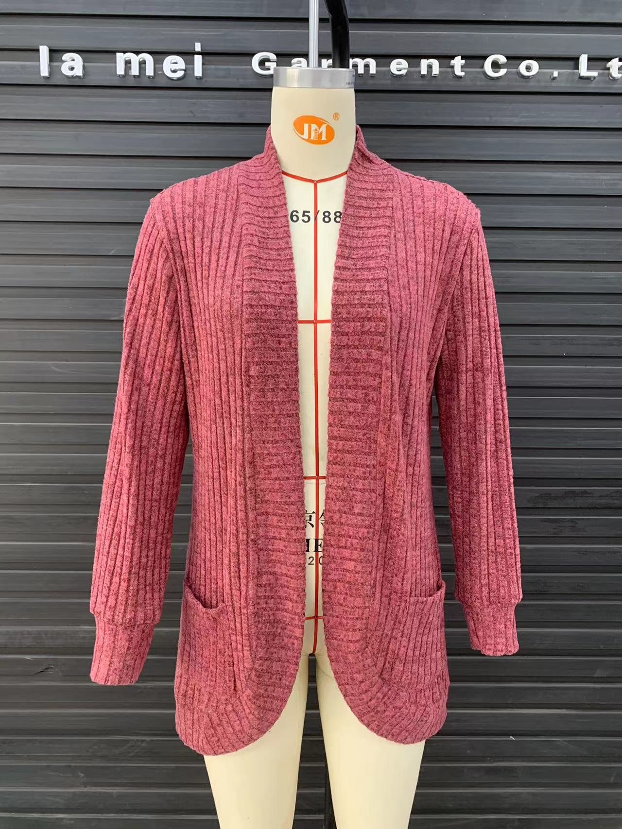 Autumn Solid Color Sunken Stripe Brushed Stitching Long Sleeve Cardigan Jacket