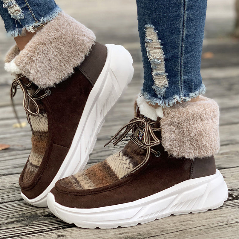 Lace-up Snow Boots Women's Fuzzy Mied-color Soft Sole Platform Thermal Lined Shoes Winter Non-slip Plush Boots