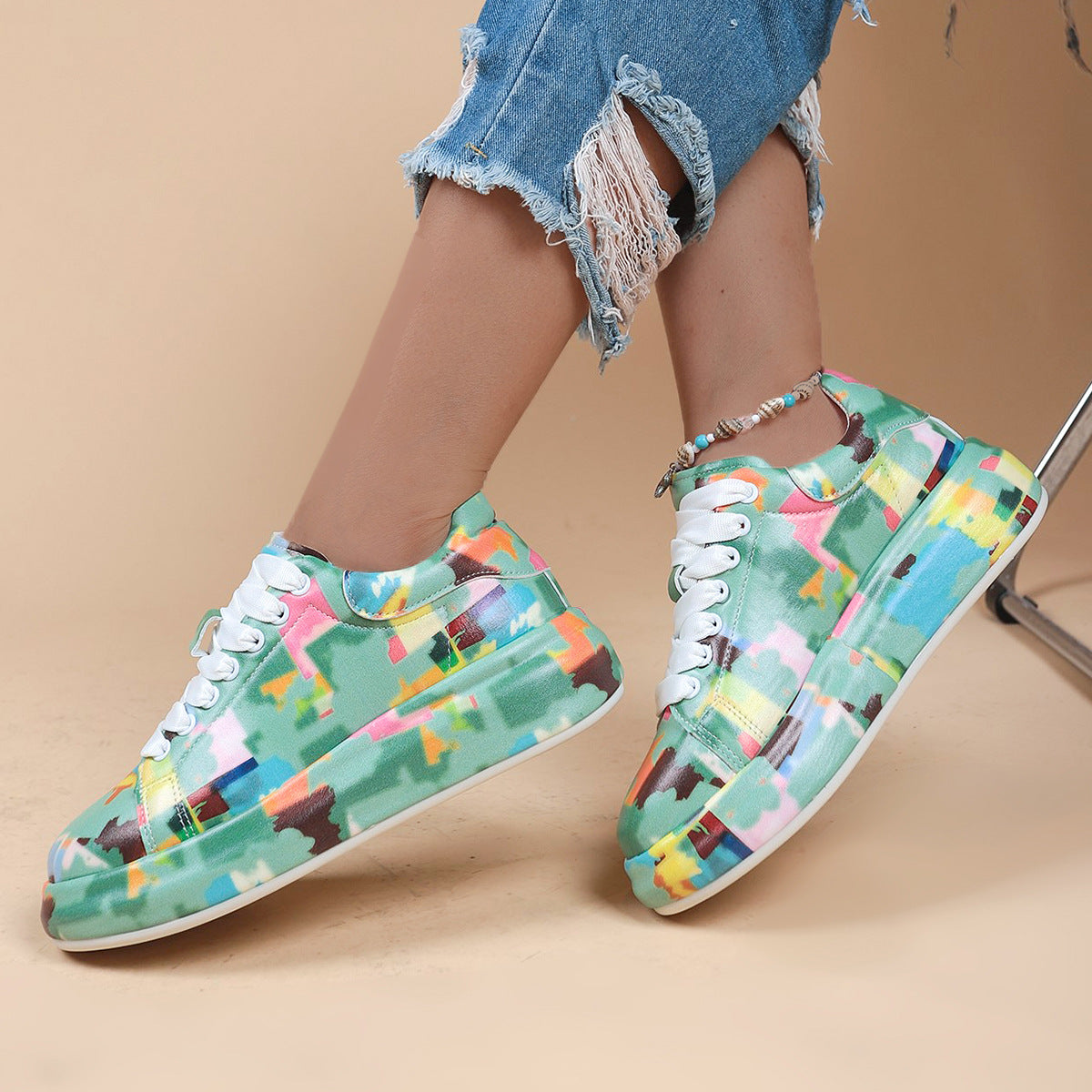 Halloween Cartoon Print Flats Fashion Graffiti Flats Shoes Platform Lace-up Round Toe Sports Shoes