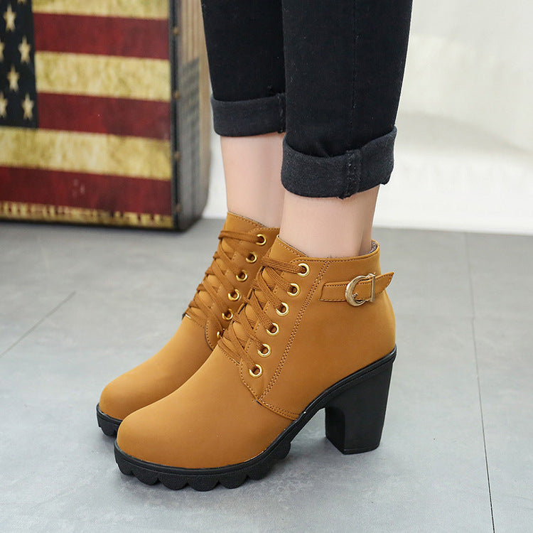 Chunky Block Heel Boots Buckle Ankle Boots Women Shoes