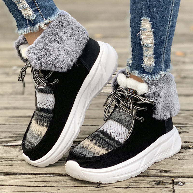 Lace-up Snow Boots Women's Fuzzy Mied-color Soft Sole Platform Thermal Lined Shoes Winter Non-slip Plush Boots