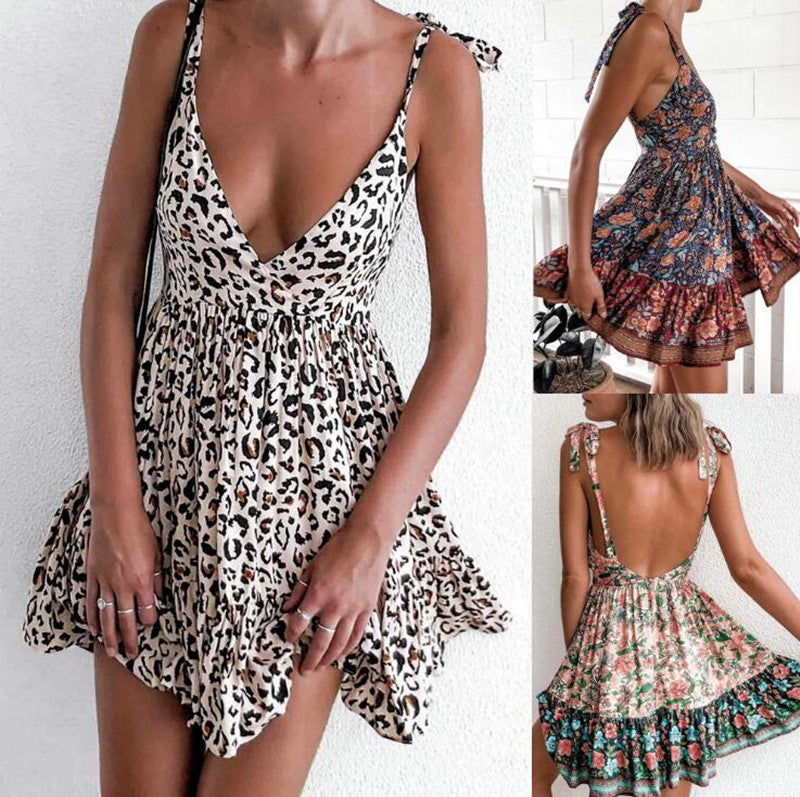 Women's Strappy Low-cut Printed Dress