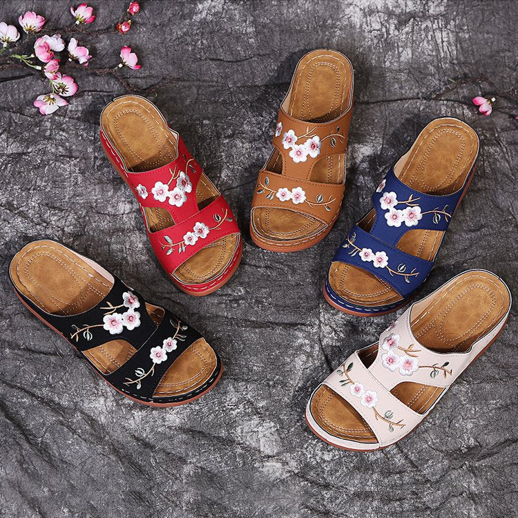 Wedge Platform Sandals Embroidered Floral Slippers