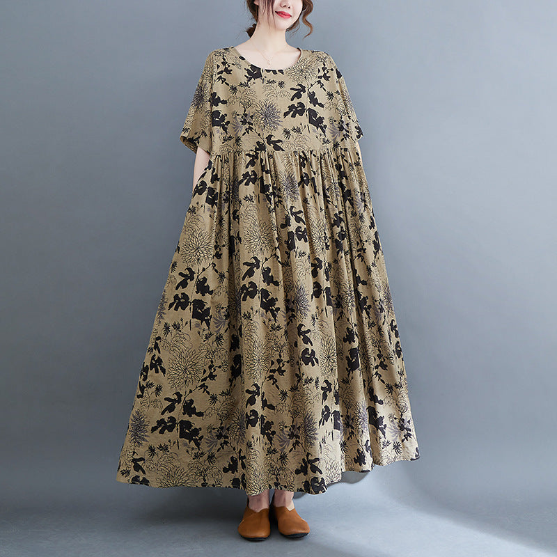 Artistic Large Size Loose Cotton And Linen Printed Short-sleeved Dress Women's Clothing