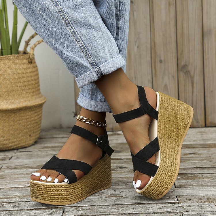 Wedge Sandals For Women Summer Casual Non-slip Cross-strap Platform Shoes With Hemp Heels Shoes